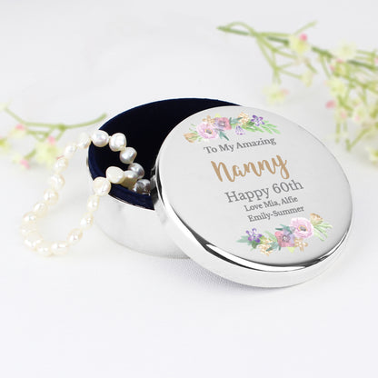 Personalised Floral Watercolour Round Trinket Box