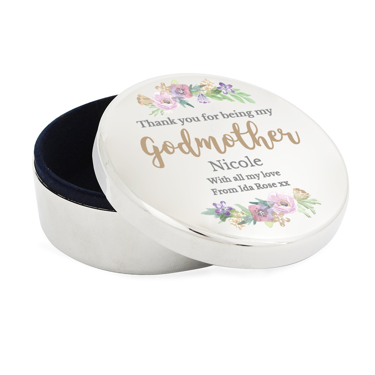 Personalised Godmother 'Floral Watercolour' Round Trinket Box