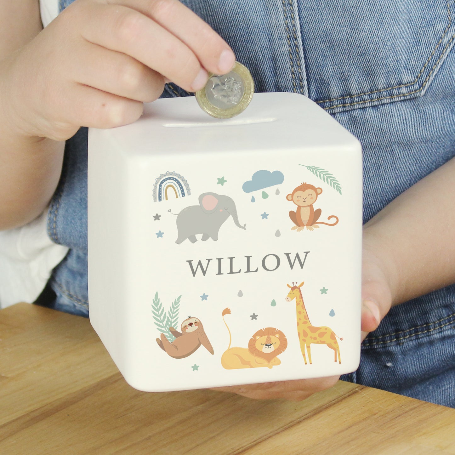 Personalised Safari Animals Ceramic Square Moneybox