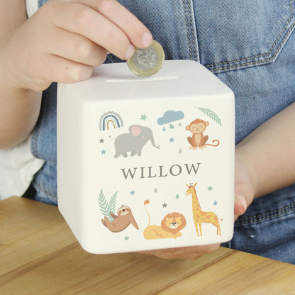 Personalised Safari Animals Ceramic Square Moneybox