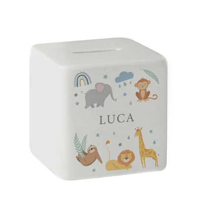 Personalised Safari Animals Ceramic Square Moneybox