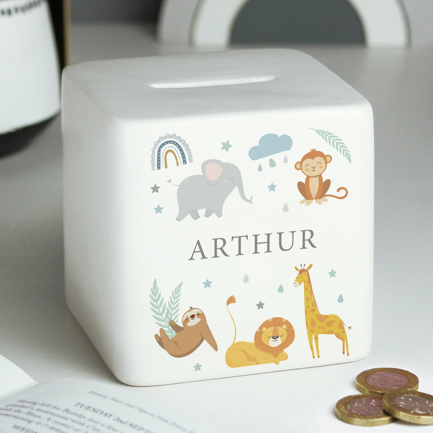 Personalised Safari Animals Ceramic Square Moneybox