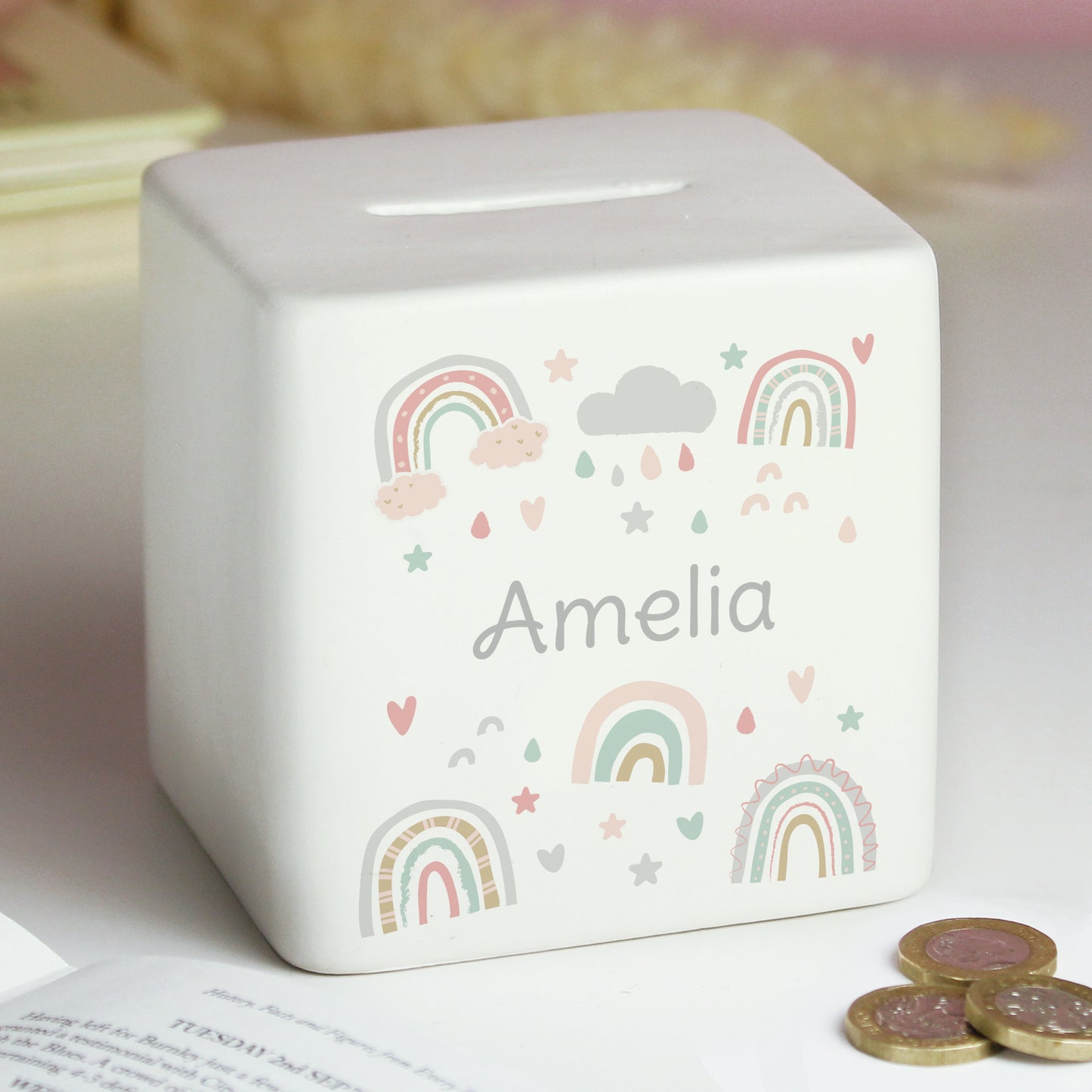 Personalised Rainbow Ceramic Square Money Box