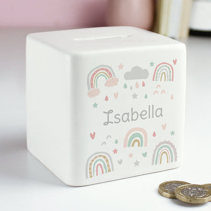 Personalised Rainbow Ceramic Square Money Box