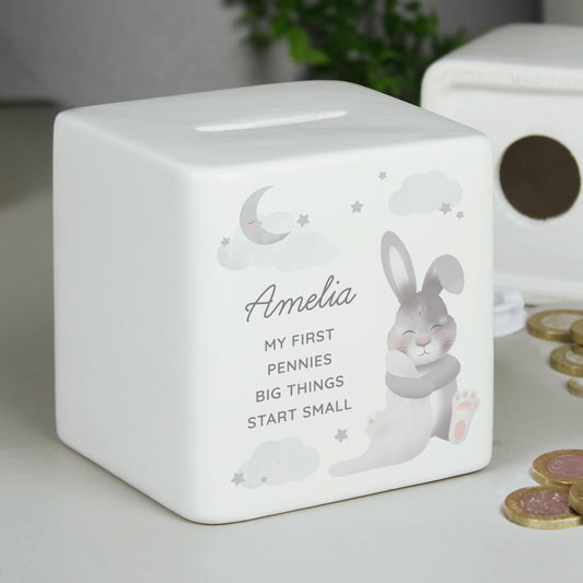 Personalised Baby Bunny Ceramic Square Money Box