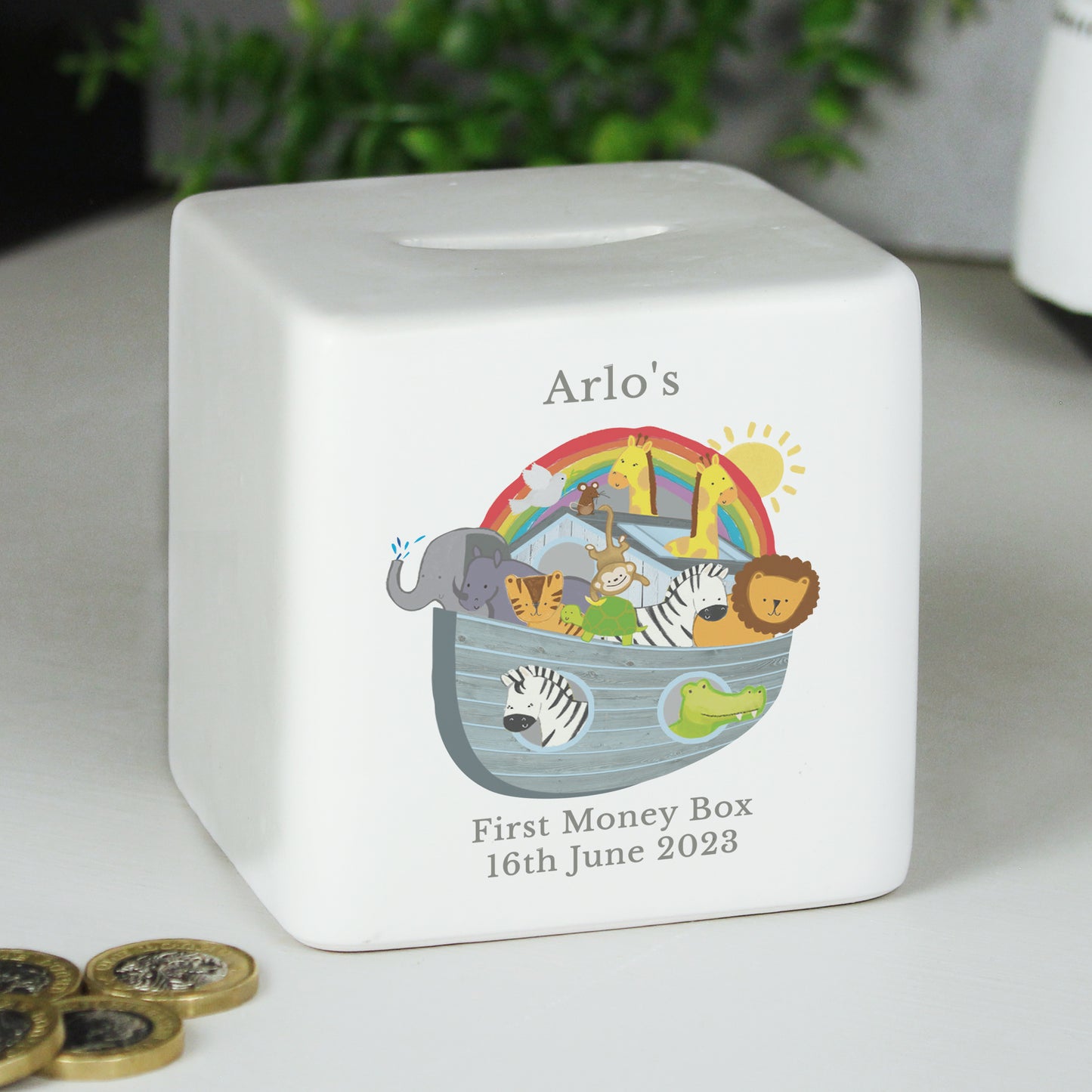 Personalised Noahs Ark Ceramic Square Money Box