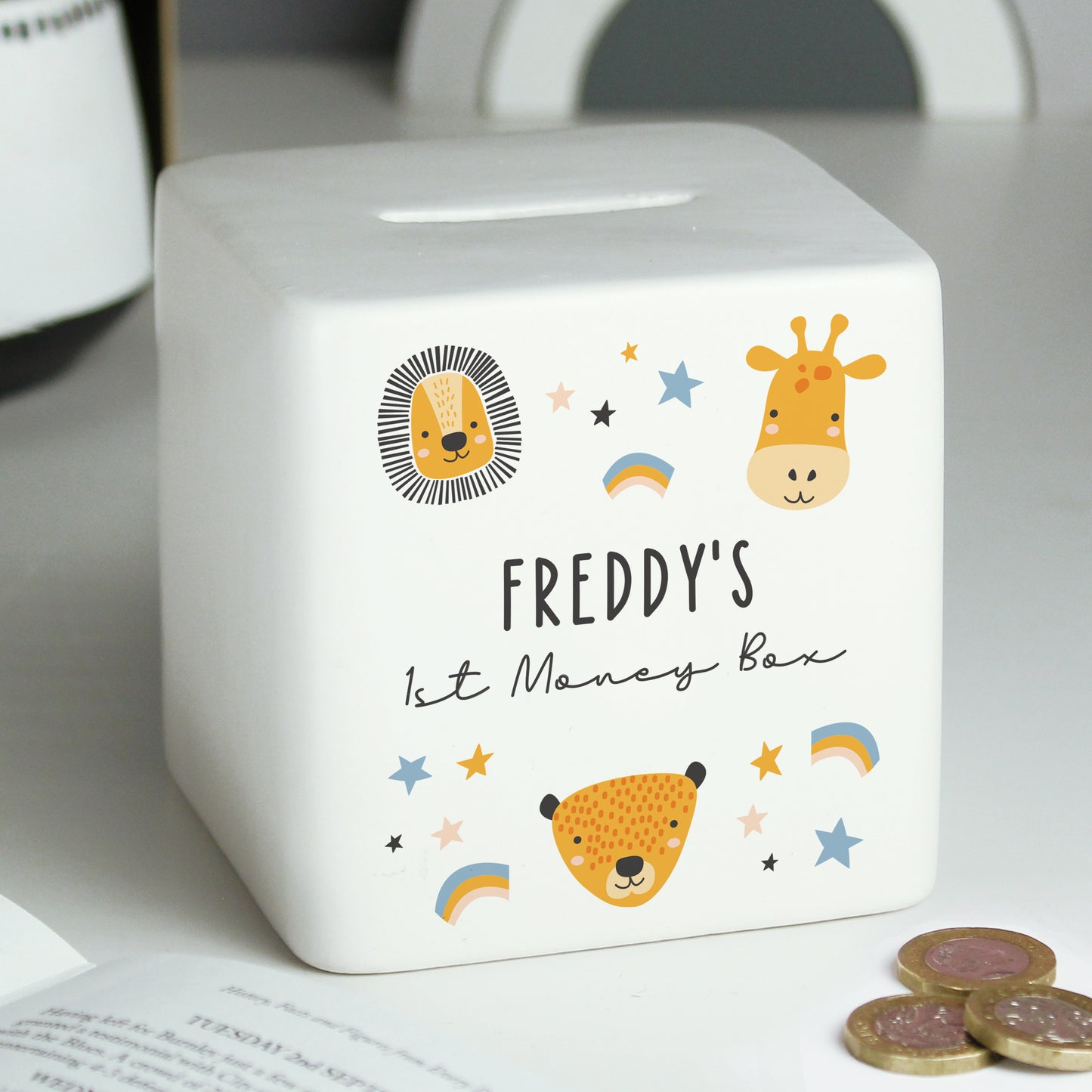 Personalised Scandi Safari Animals Ceramic Square Money Box