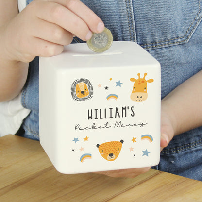 Personalised Scandi Safari Animals Ceramic Square Money Box