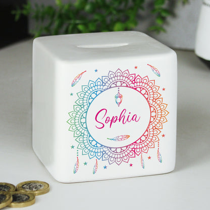 Personalised Dreamcatcher Ceramic Square Money Box