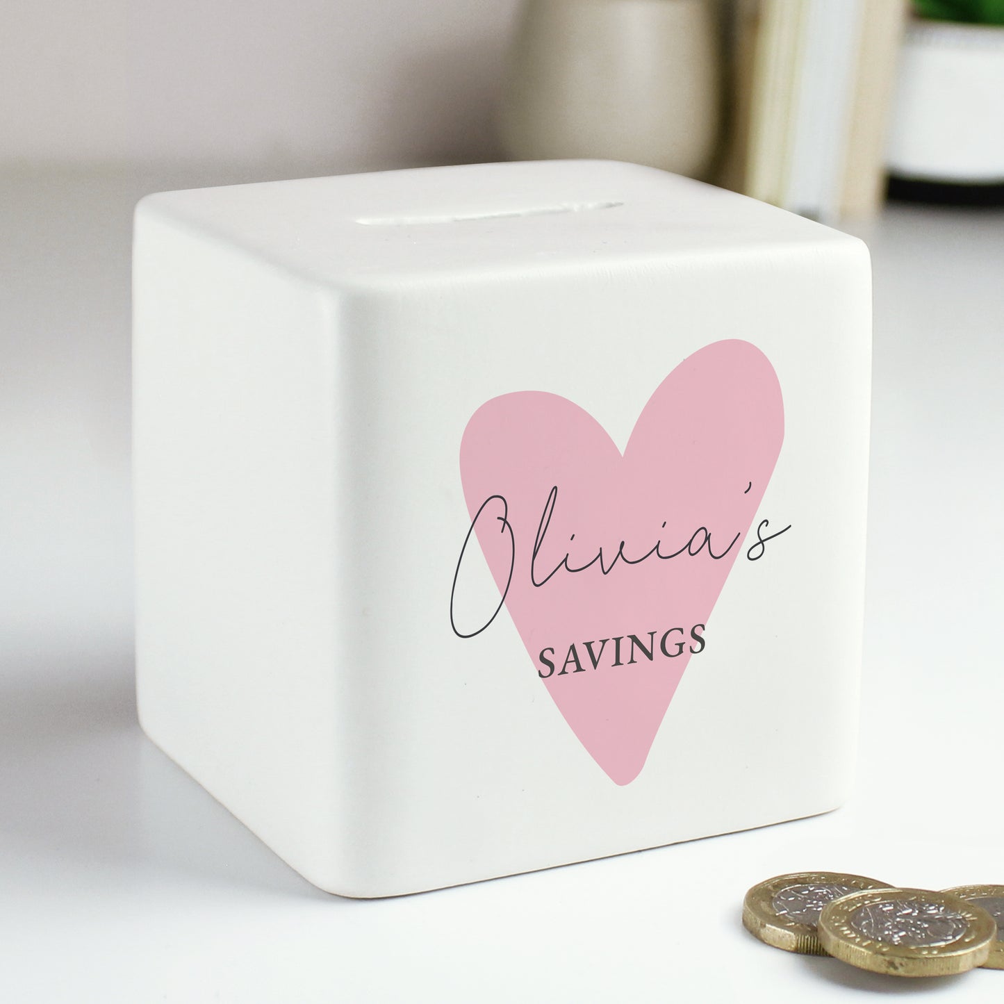 Personalised Pink Heart Ceramic Square Money Box