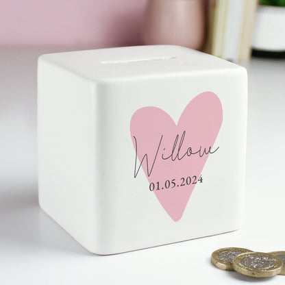 Personalised Pink Heart Ceramic Square Money Box