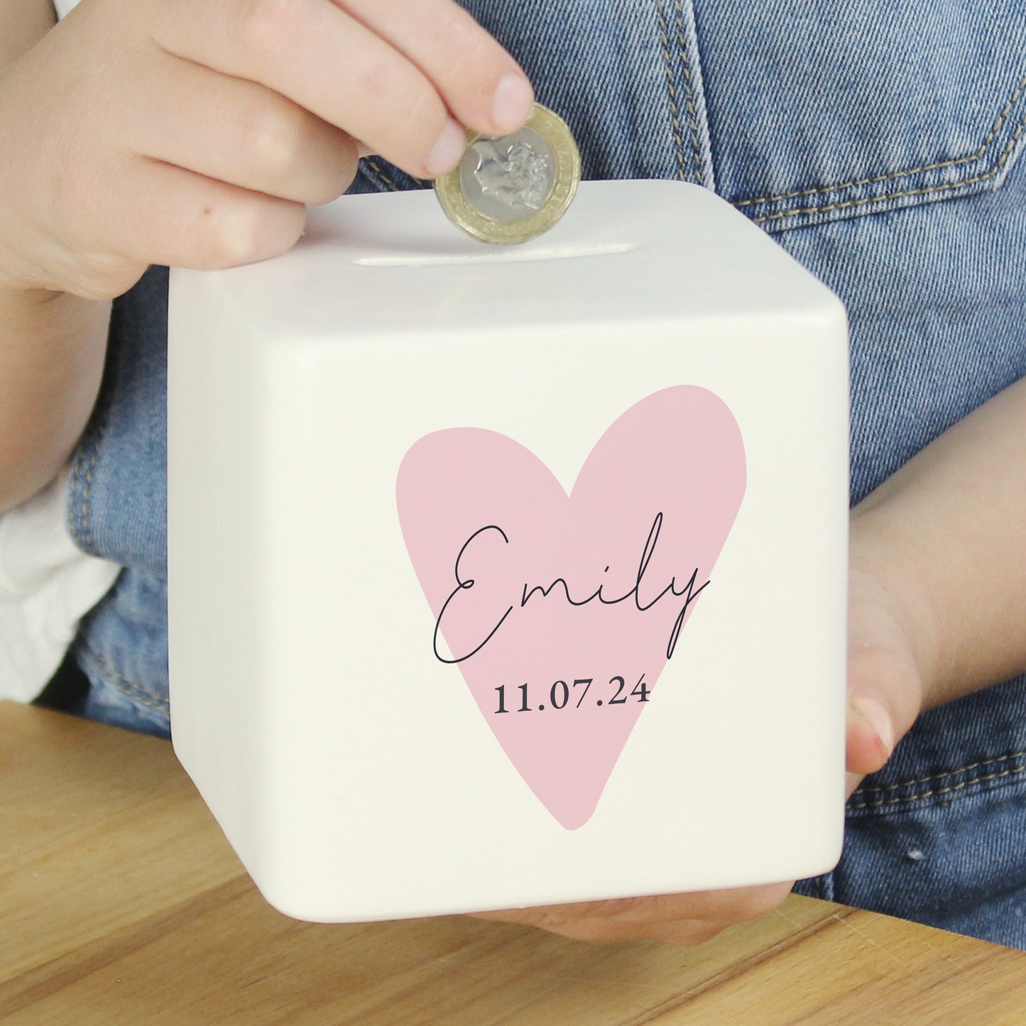 Personalised Pink Heart Ceramic Square Money Box