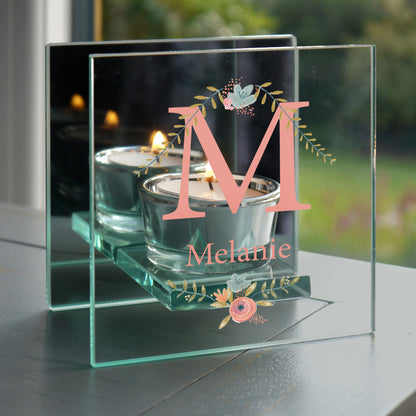 Personalised Floral Bouquet Mirrored Glass Tea Light Candle Holder