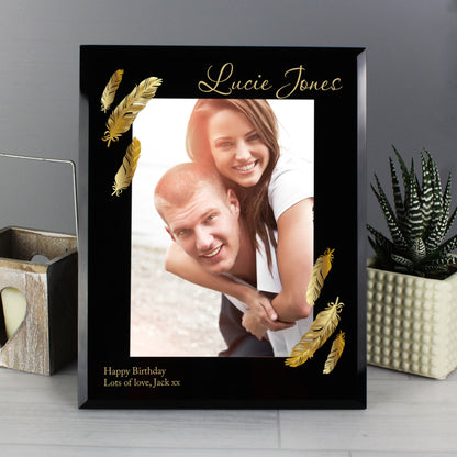 Personalised Golden Feather 5x7 Black Glass Photo Frame