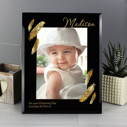 Personalised Golden Feather 5x7 Black Glass Photo Frame