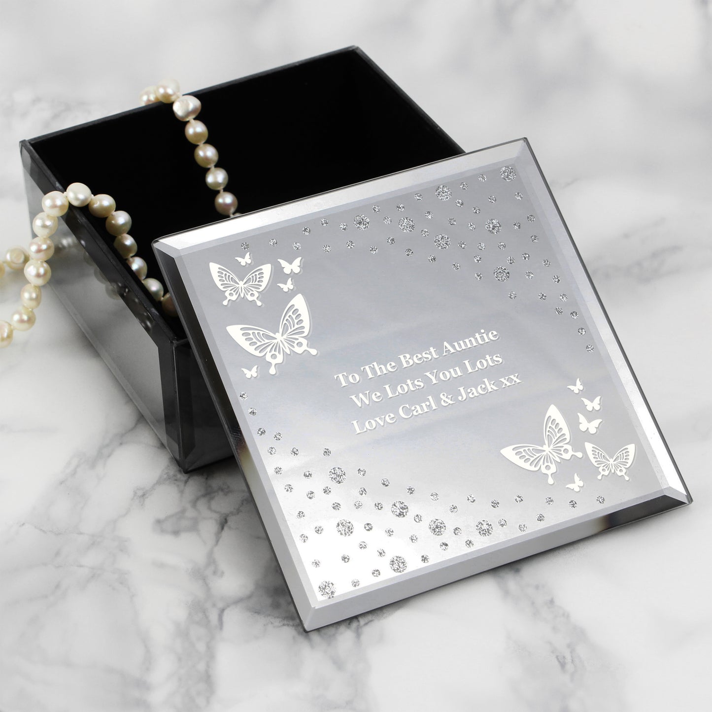 Personalised White Butterfly Diamante Glass Trinket Box