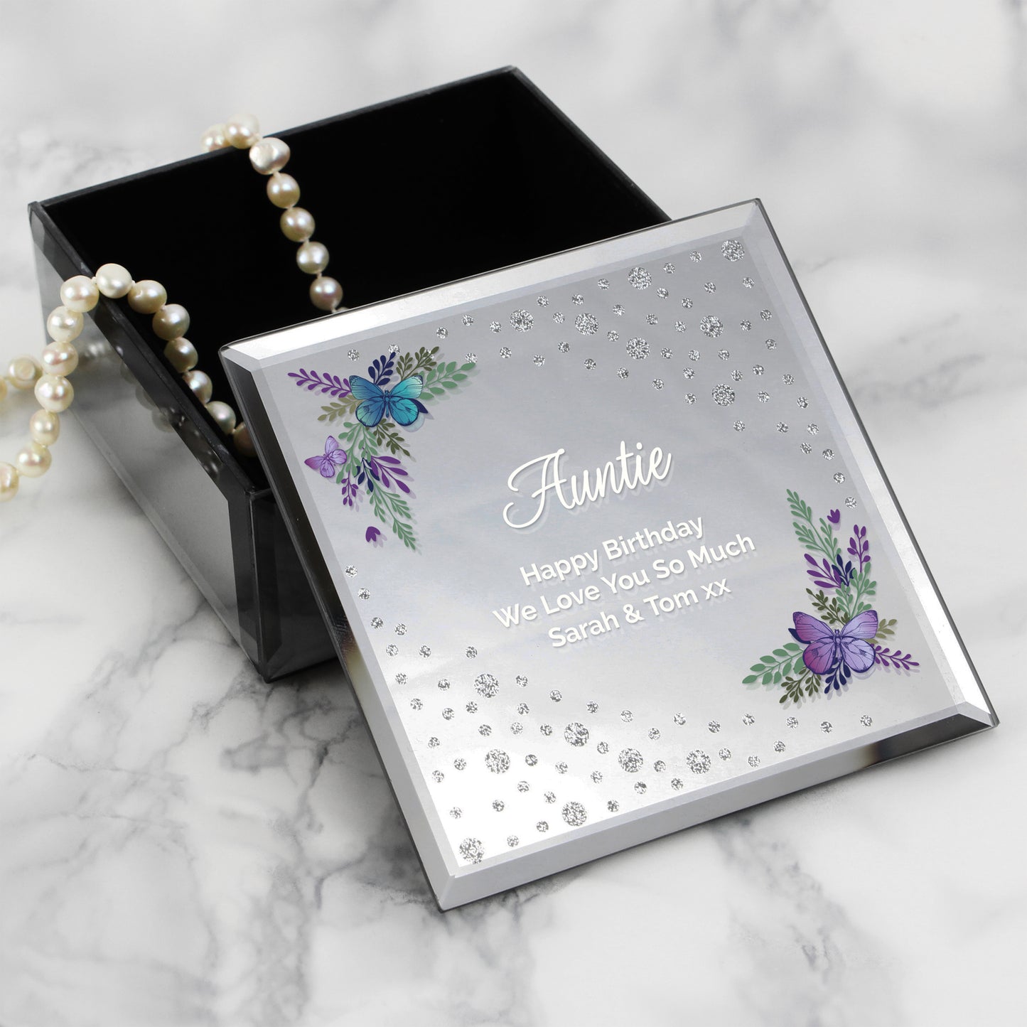 Personalised Floral Butterfly Diamante Glass Trinket Box