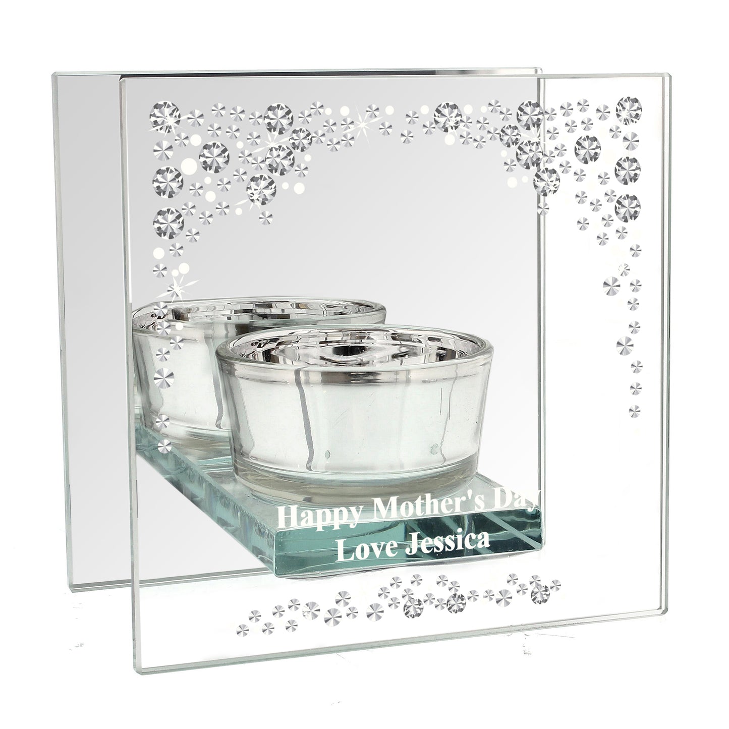 Personalised Diamante Effect Mirrored Glass Tea Light Candle Holder