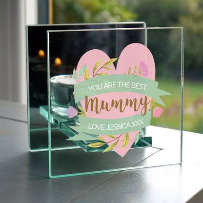 Personalised Floral Heart Mothers Day Mirrored Glass Tea Light Holder