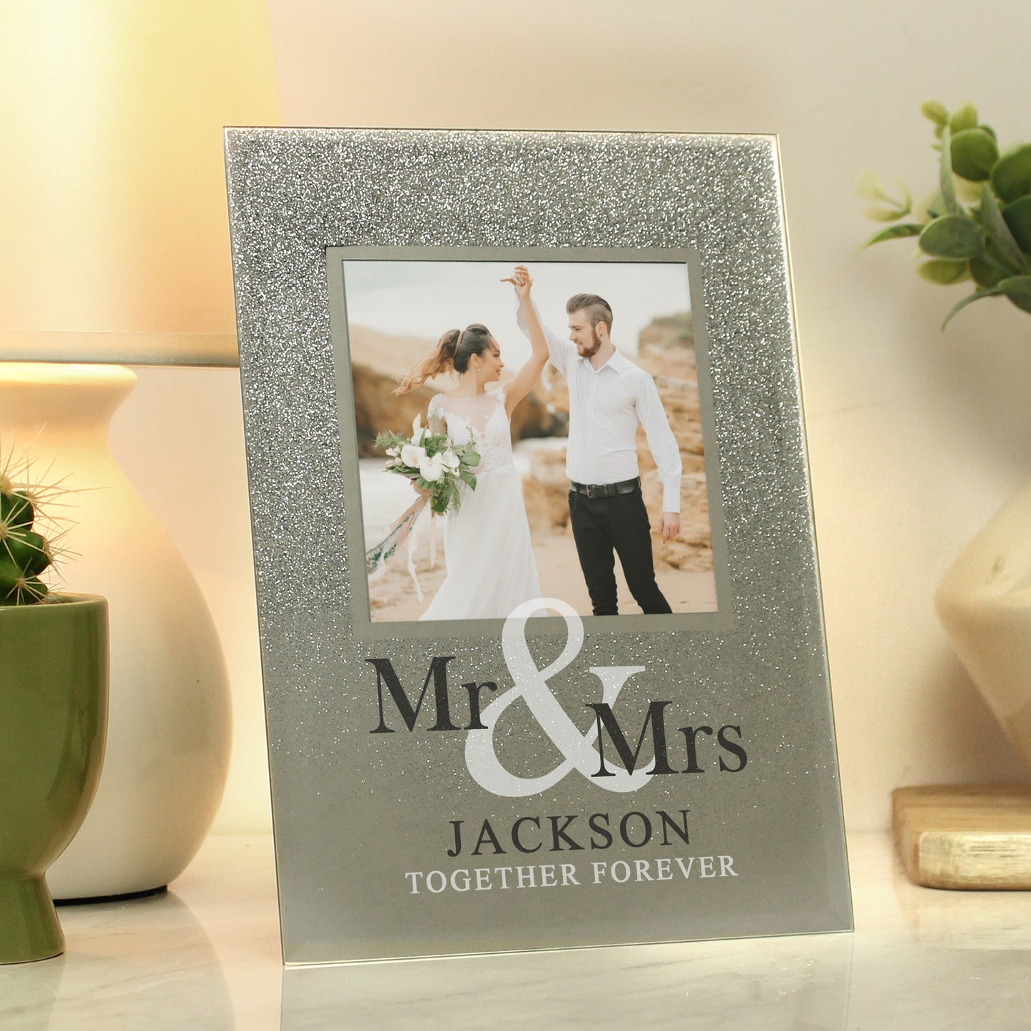 Personalised Mr & Mrs 4x4 Glitter Glass Photo Frame