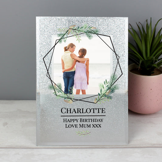 Personalised Geo Leaves 4x4 Glitter Glass Photo Frame