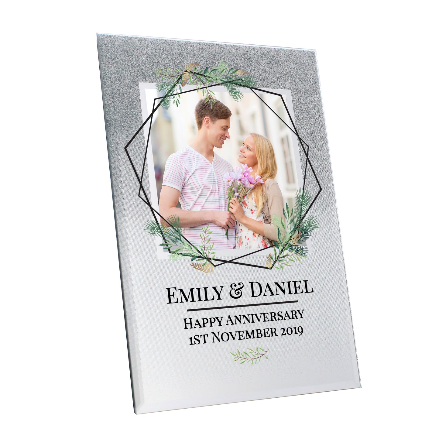 Personalised Geo Leaves 4x4 Glitter Glass Photo Frame