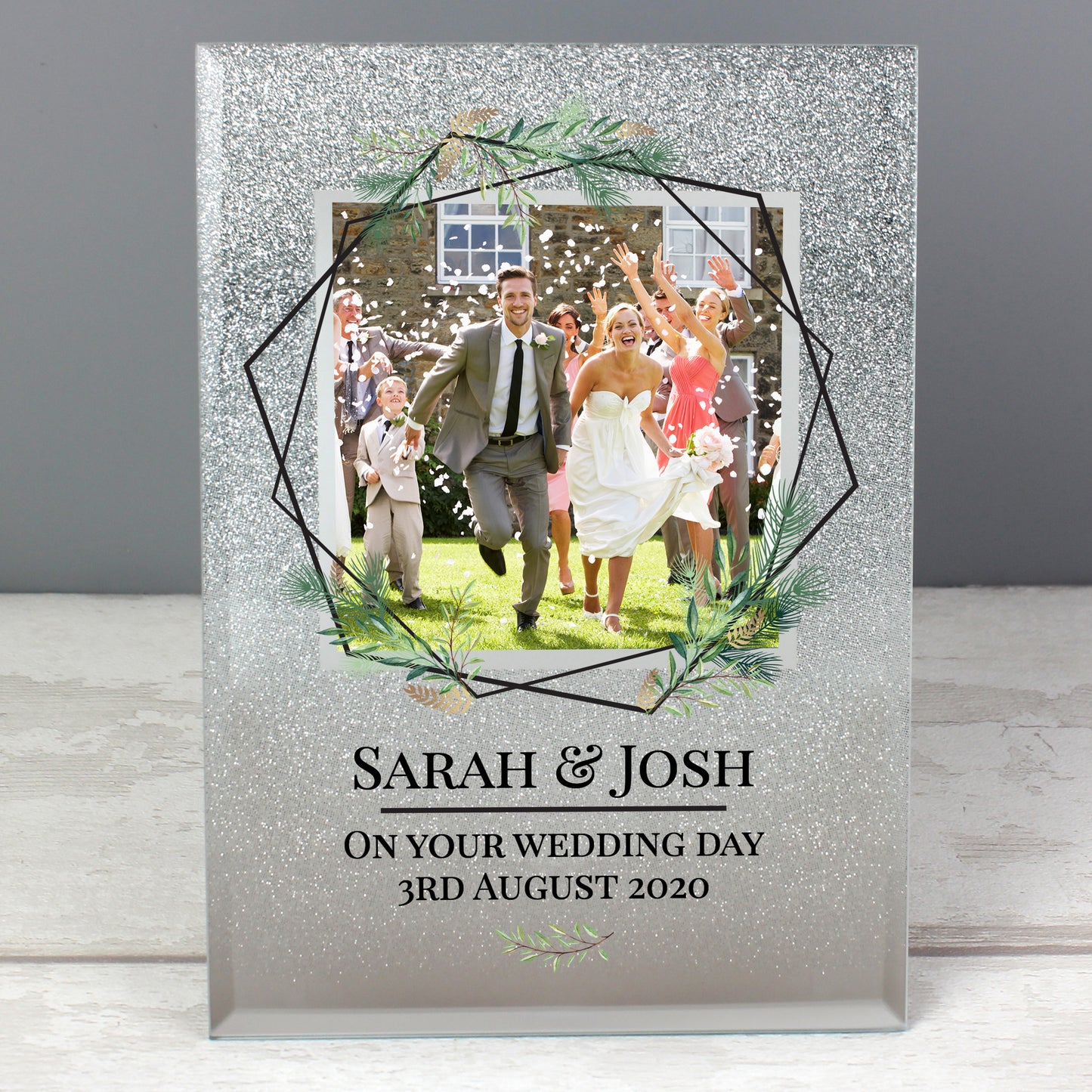 Personalised Geo Leaves 4x4 Glitter Glass Photo Frame