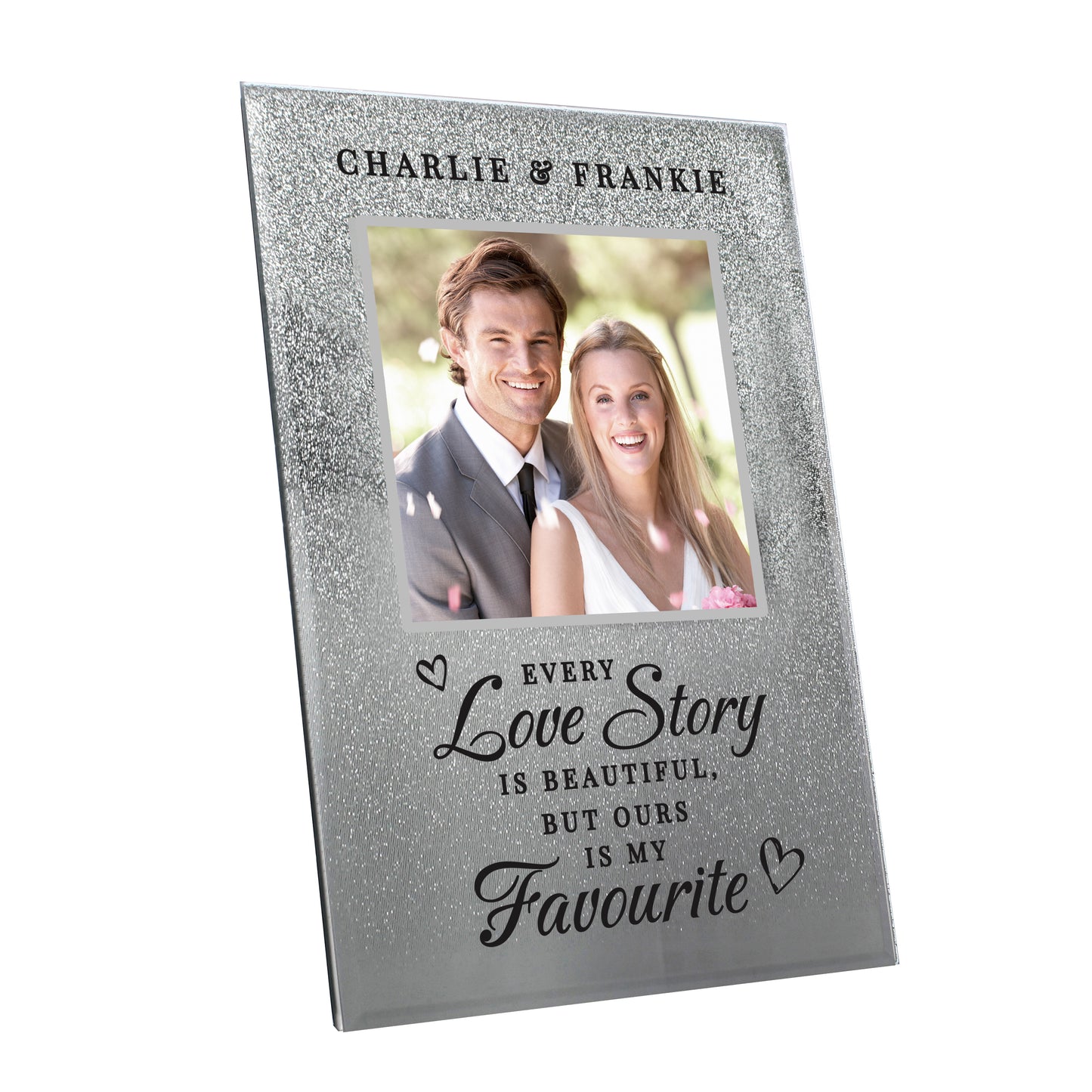 Personalised Every Love Story Is Beautiful 4x4 Glitter Glass Photo Frame