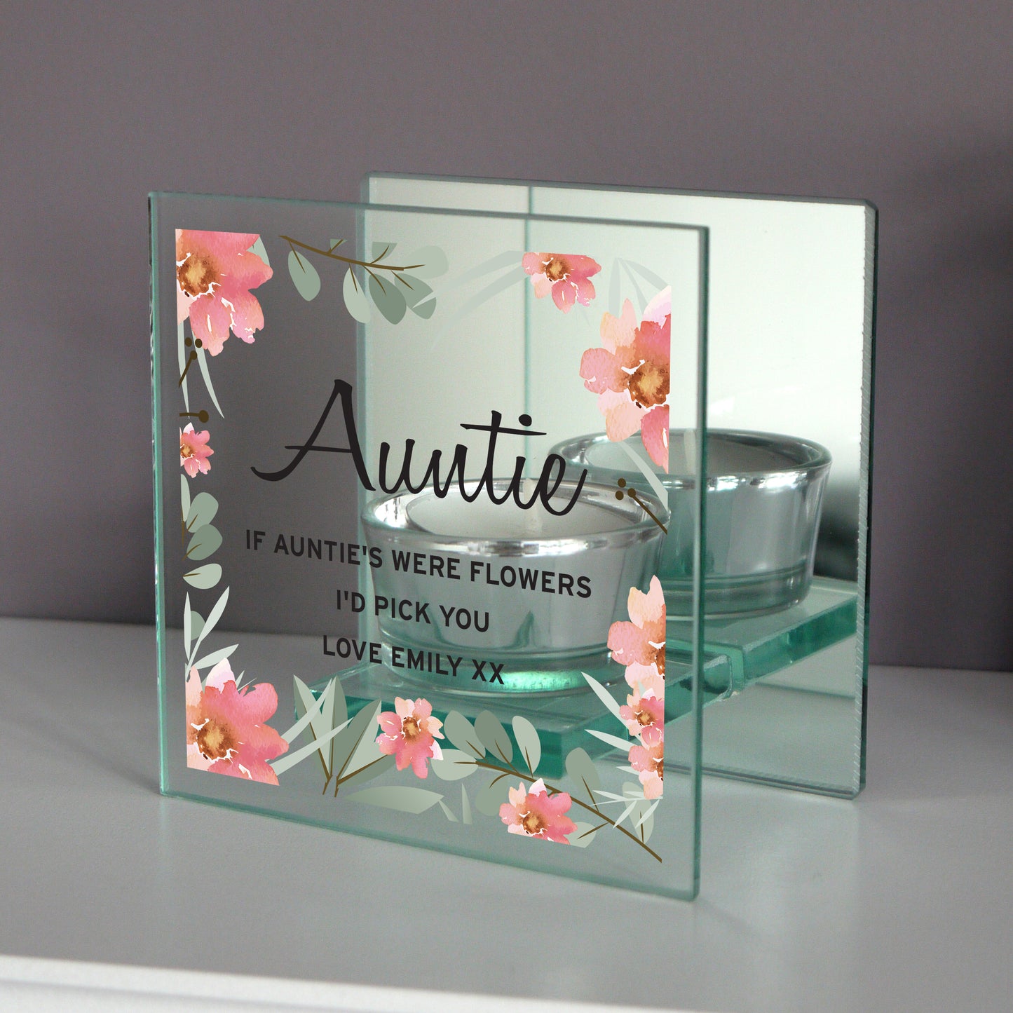 Personalised Floral Sentimental Mirrored Glass Tea Light Candle Holder