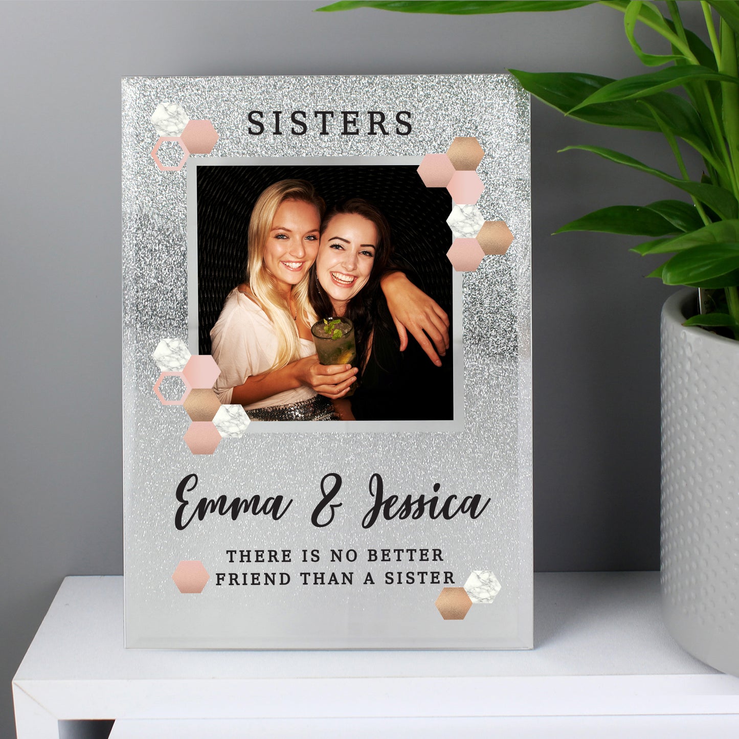 Personalised Cute Hexagon Design 4x4 Glitter Glass Photo Frame