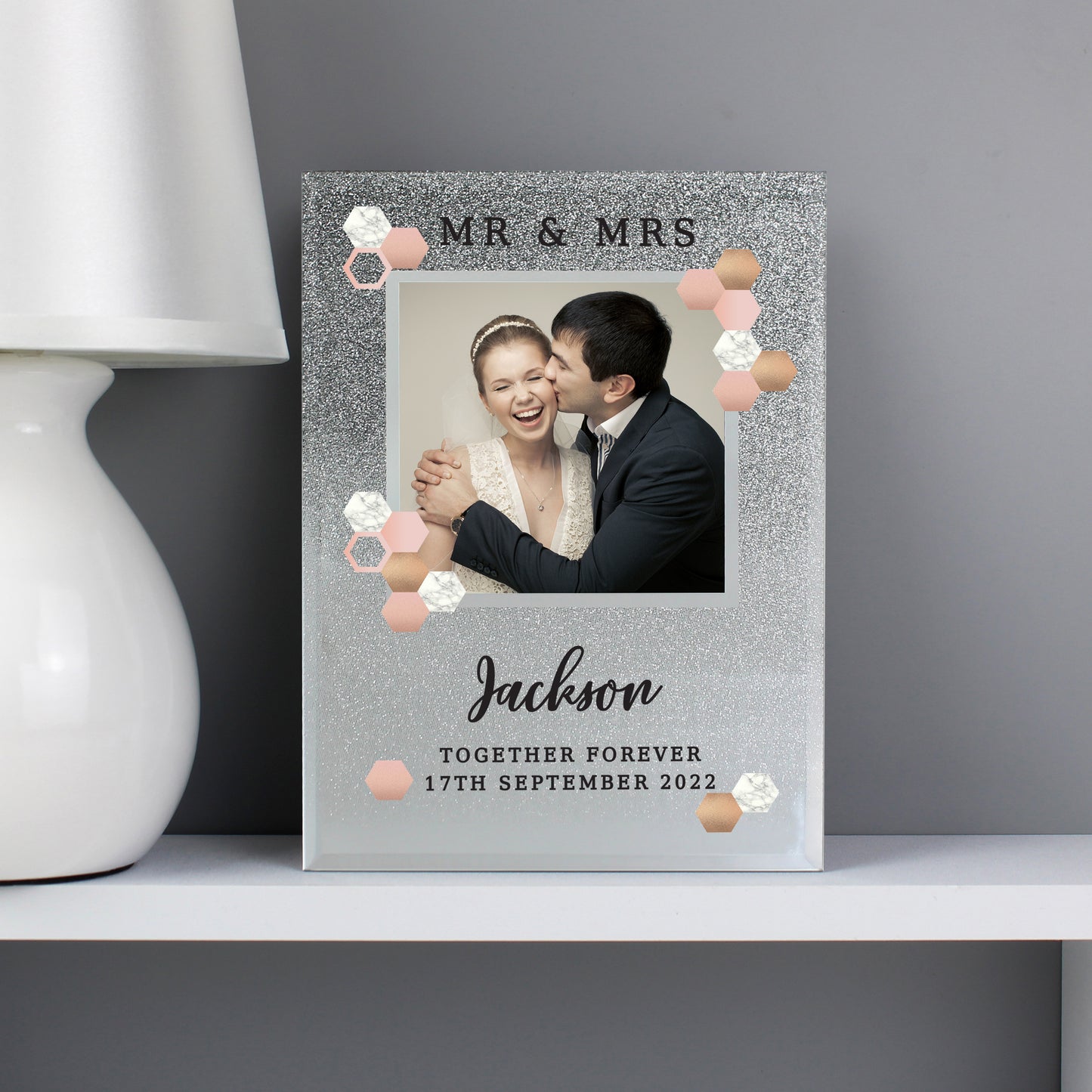 Personalised Cute Hexagon Design 4x4 Glitter Glass Photo Frame