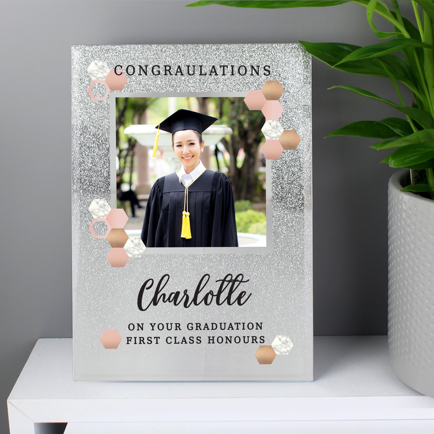 Personalised Cute Hexagon Design 4x4 Glitter Glass Photo Frame