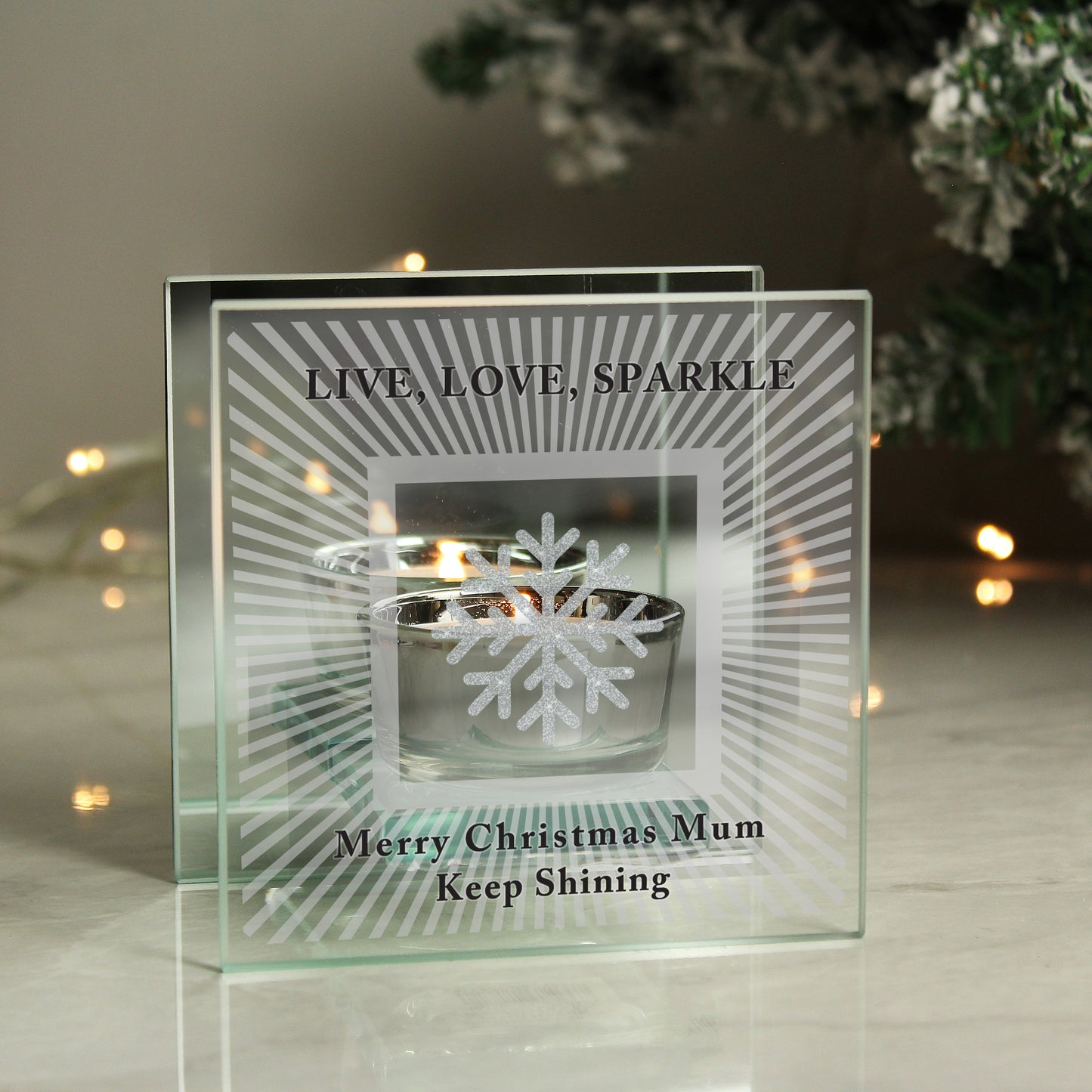 Personalised Snowflake Silver Glitter Tea Light Holder