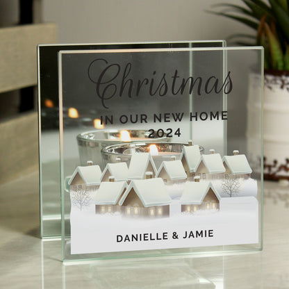 Personalised Christmas Village Mirrored Glass Tea Light Candle Holder