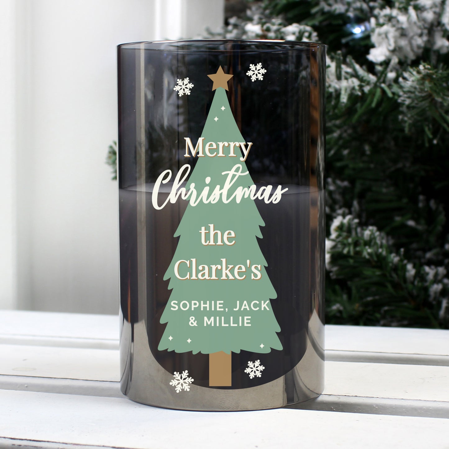 Personalised Christmas Tree Smoked Glass LED Candle