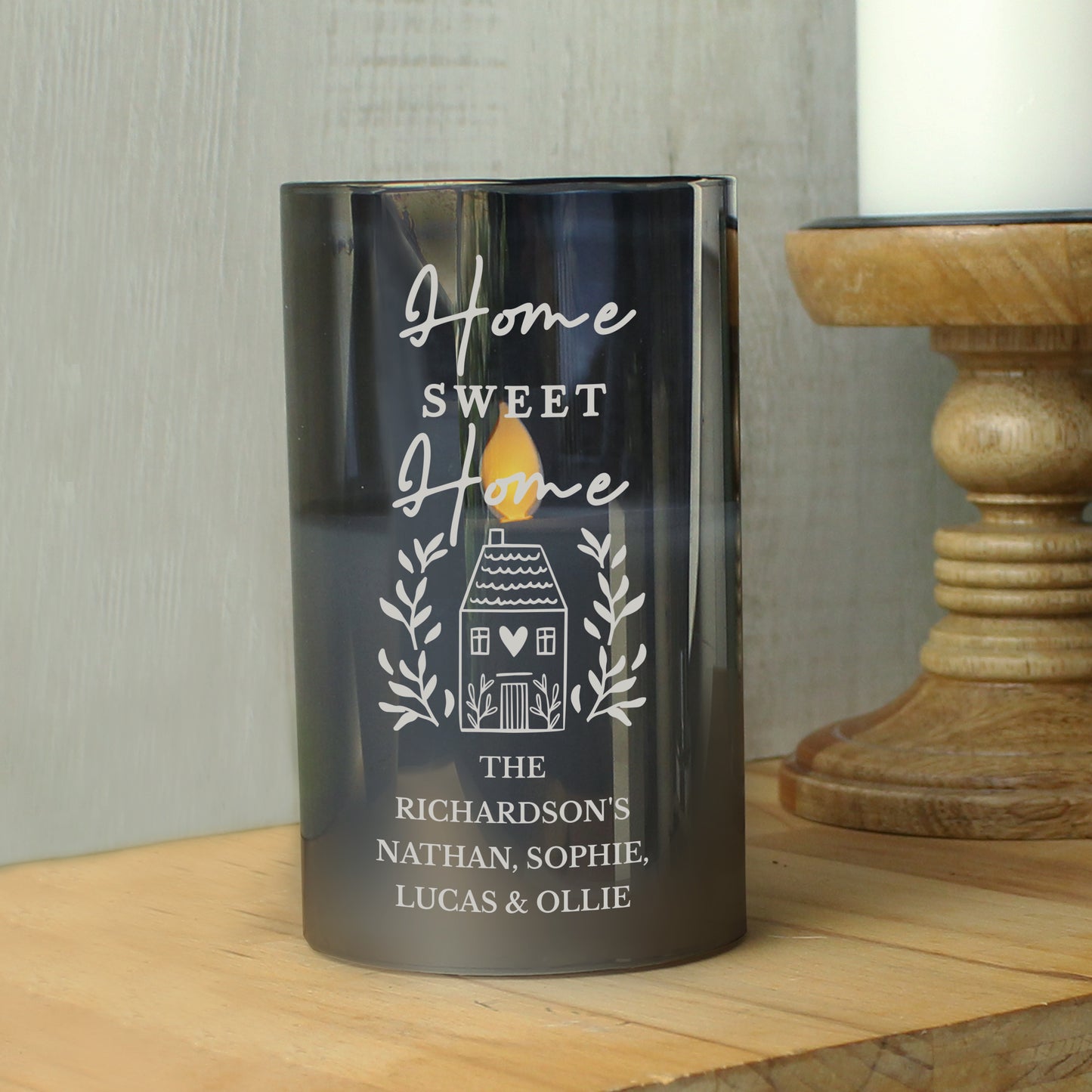 Personalised HOME Smoked Glass LED Candle