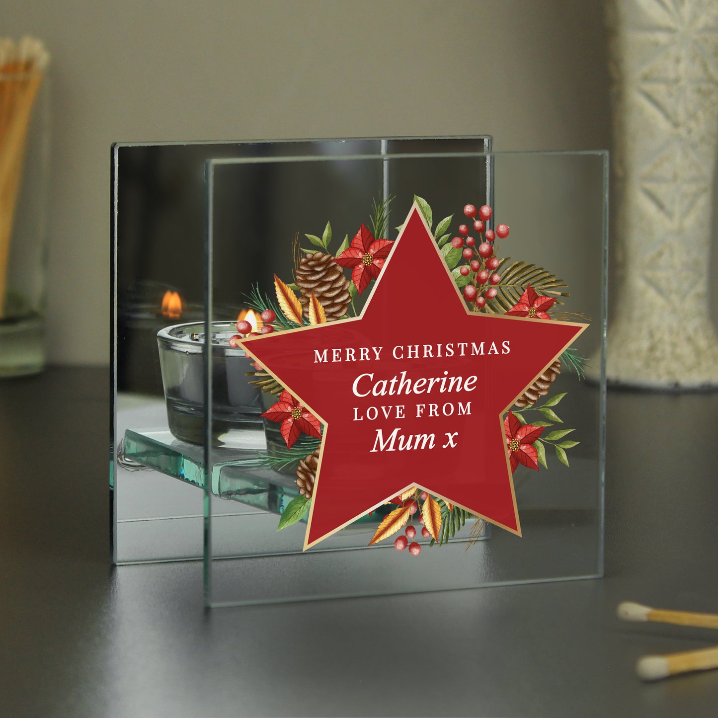 Personalised Christmas Glass Tea Light Candle Holder