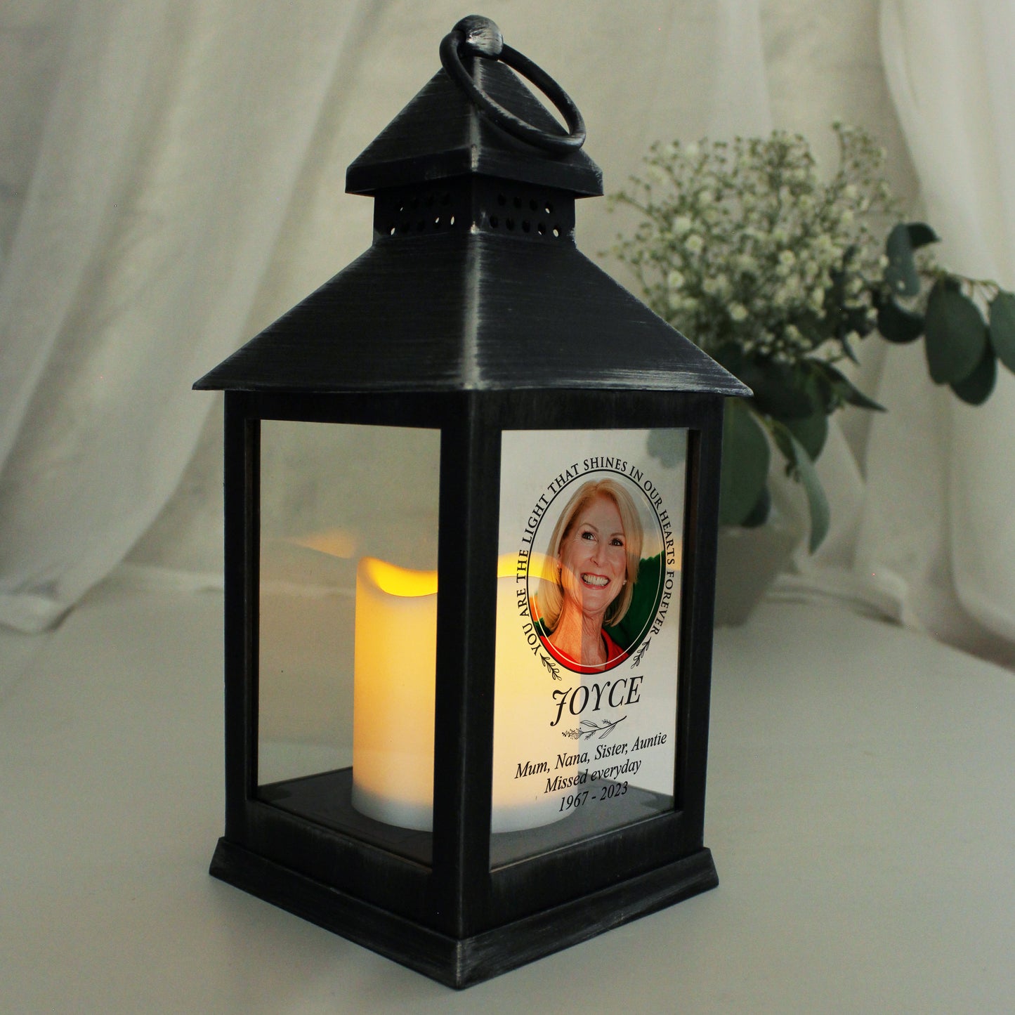 Personalised Light In Our Hearts Photo Upload Black Lantern