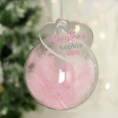 Personalised My 1st Christmas Pink Feather Bauble