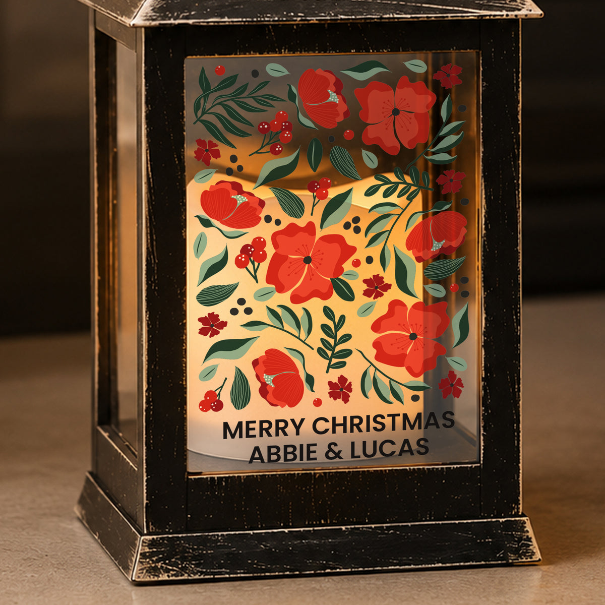 Personalised Poinsettia Black LED Lantern