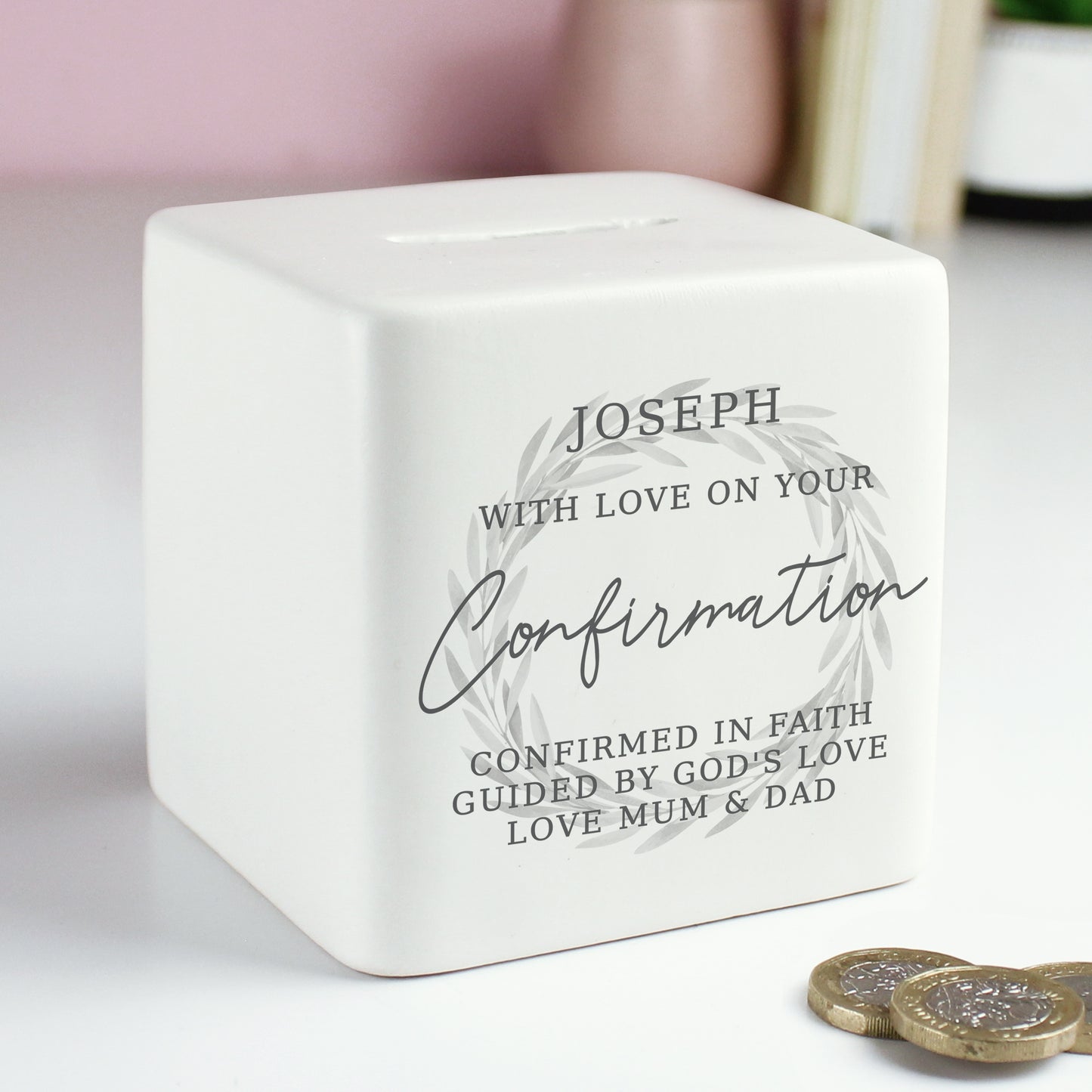 Personalised Wreath Ceramic Square Money Box