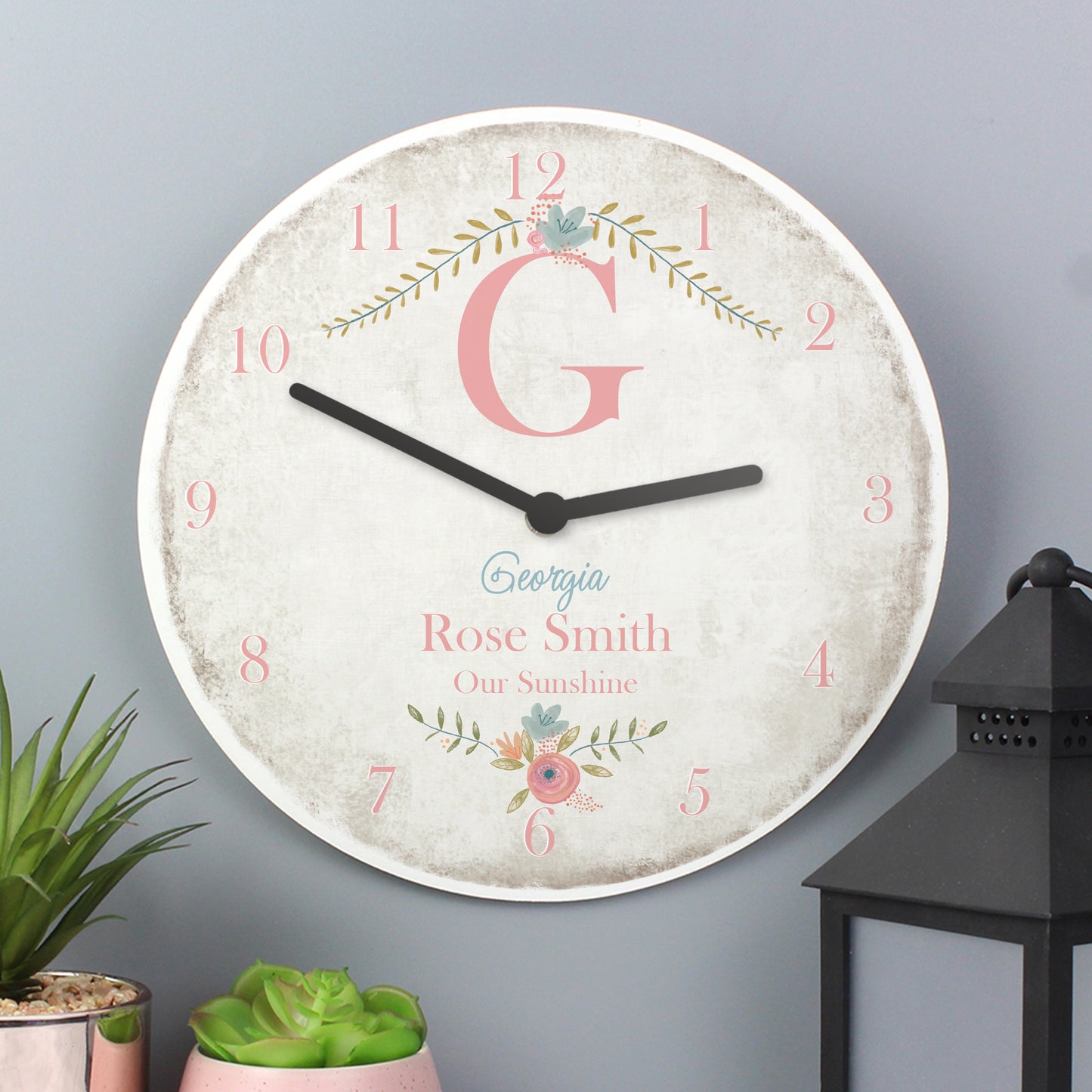 Personalised Floral Bouquet Shabby Chic Large Wooden Clock