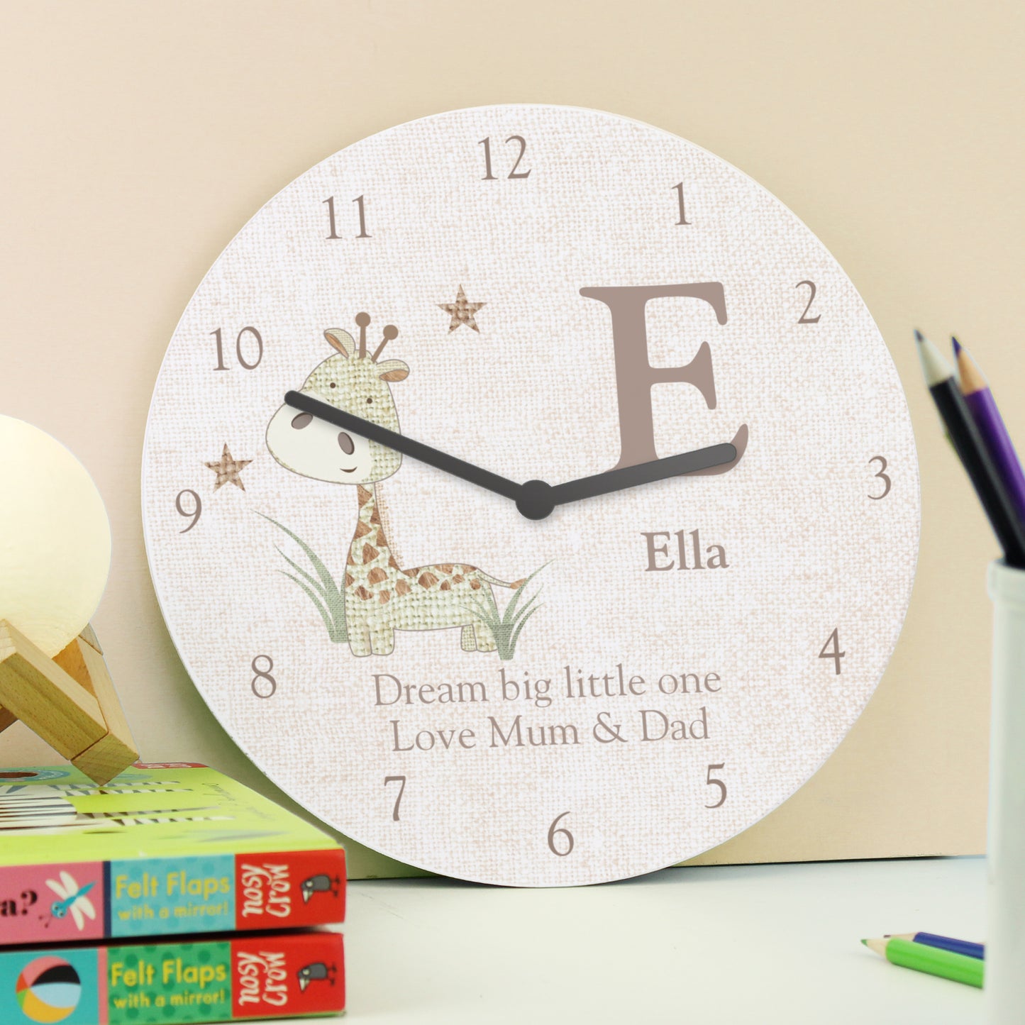 Personalised Hessian Giraffe Shabby Chic Large Wooden Clock