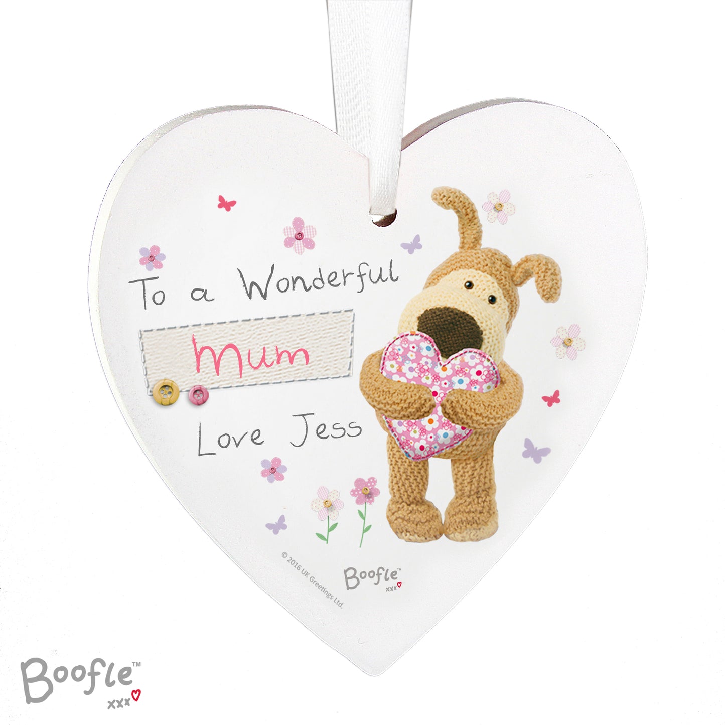 Personalised Boofle Flowers Wooden Heart Decoration