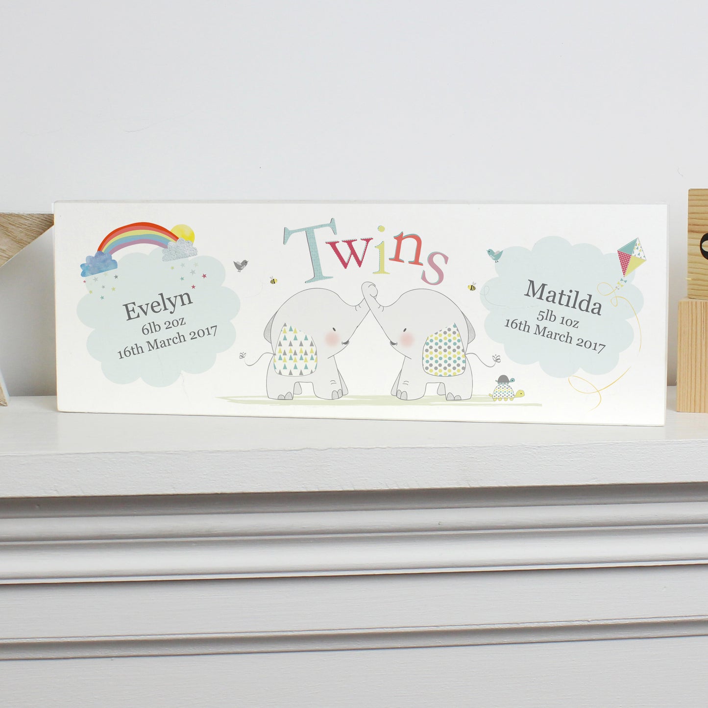 Personalised Hessian Elephant Twins Wooden Block Sign