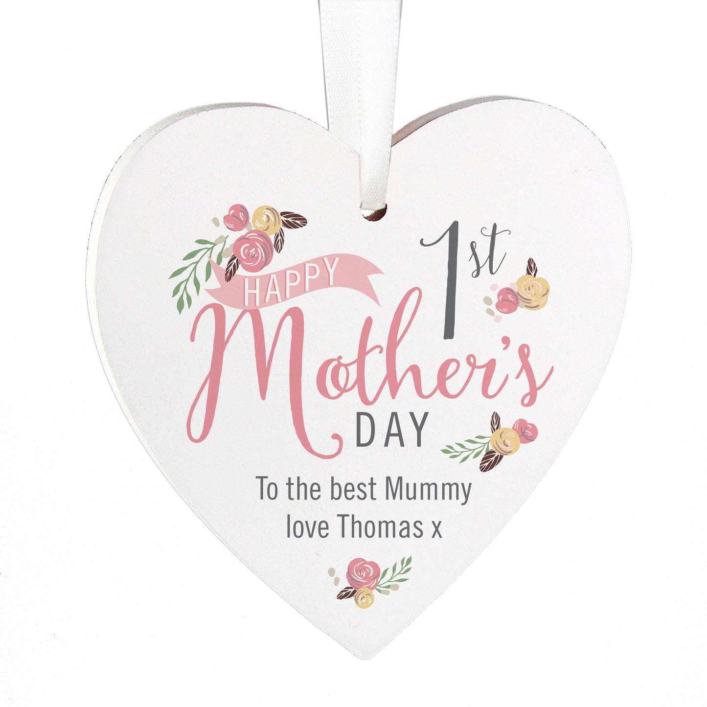 Personalised Floral Bouquet 1st Mothers Day Wooden Heart Decoration