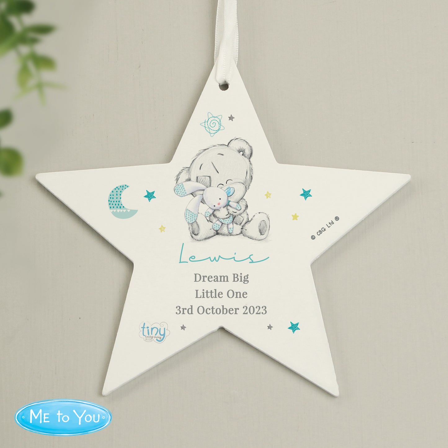 Personalised Tiny Tatty Teddy Blue Wooden Star Decoration