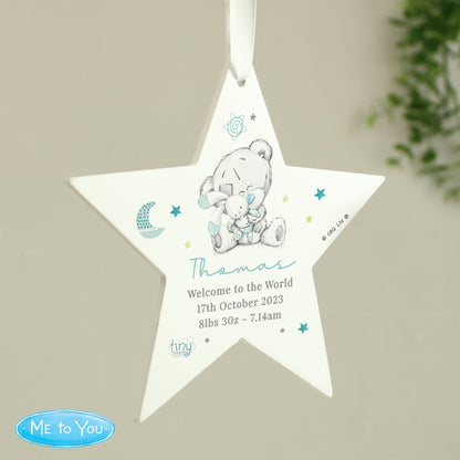 Personalised Tiny Tatty Teddy Blue Wooden Star Decoration