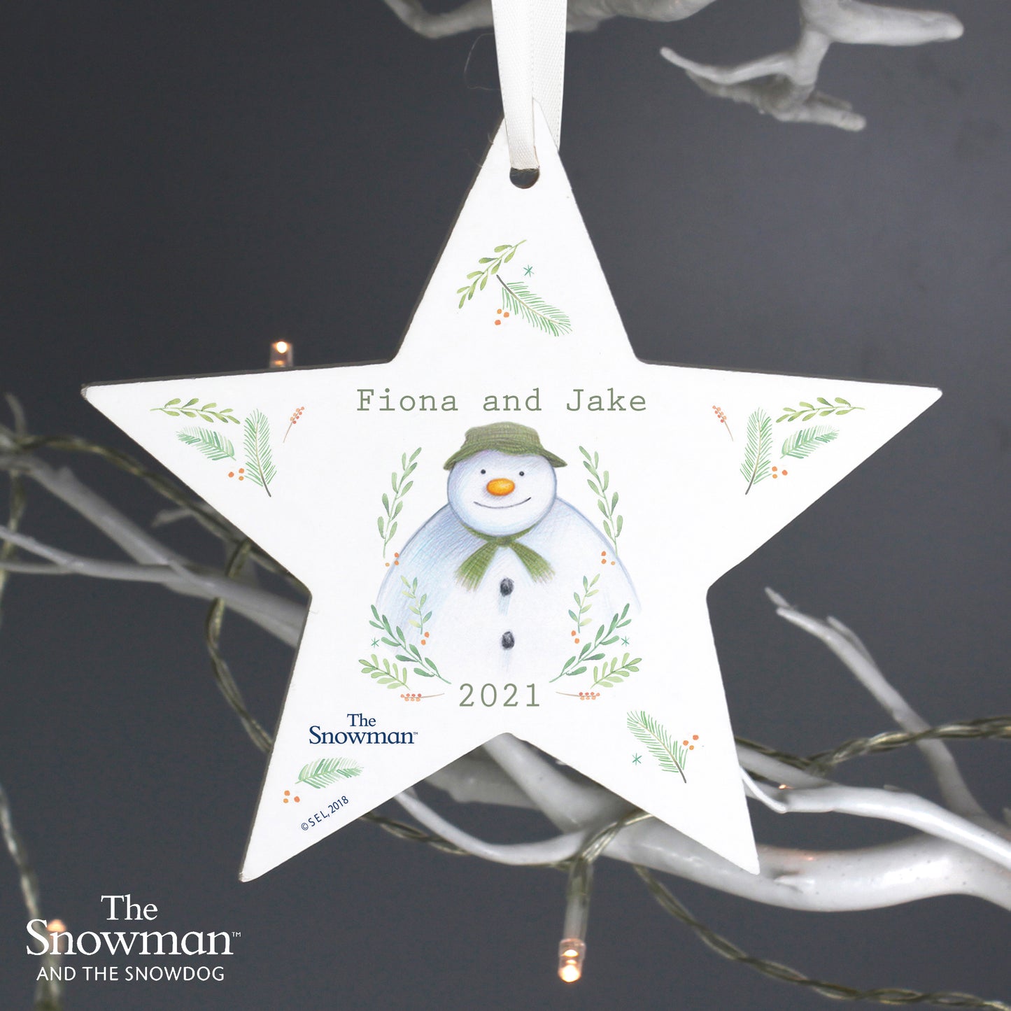 Personalised The Snowman Winter Garden Wooden Star Decoration