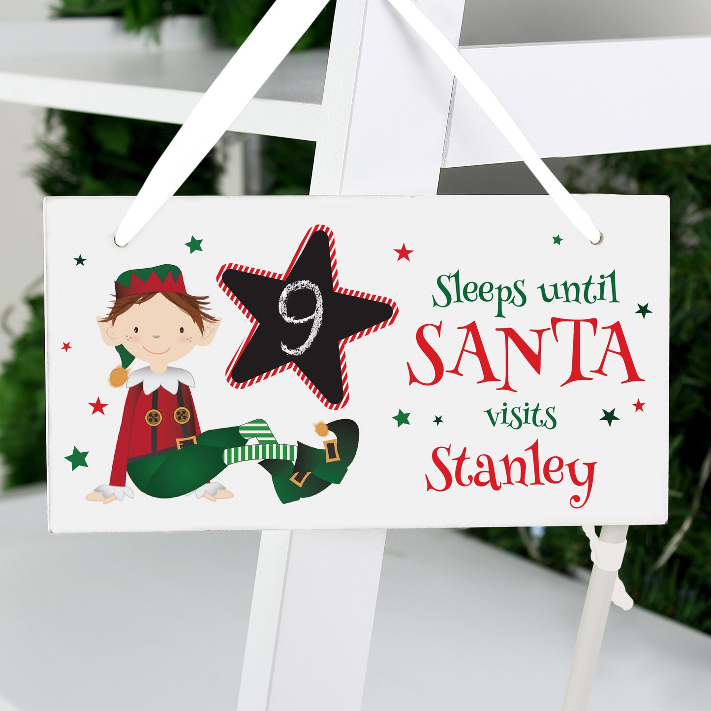 Personalised Elf Christmas Chalk Countdown Wooden Sign